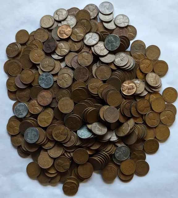 Bag of 1000+ wheat cents 1909-1958d. Mixed date, mixed mintmarks. Includes steel