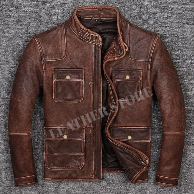 Giacca in pelle di mucca marrone biker cafe racer da uomo vintage moto effetto invecchiato