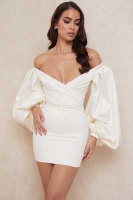HOUSE OF CB 'Carlyn' Ivory Satin Balloon Sleeve Mini Dress/Size M-US 6-8 /JP1428