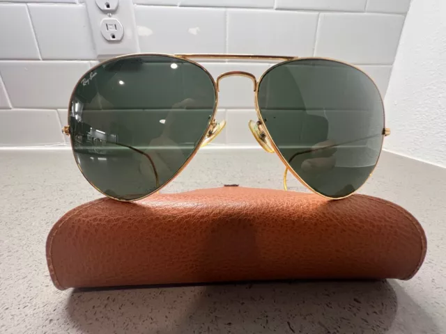 1980's Vintage B&L Ray Ban Aviator Bausch & Lomb G15 Green w/Case 62 [] 14