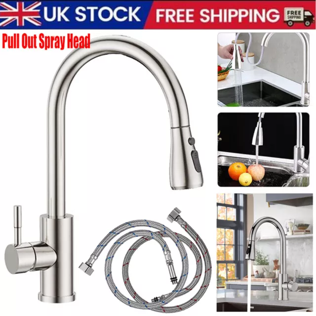 360° Kitchen Sink Mixer Taps Pull Out Spout Spray Single Lever Hot Cold Mono Tap