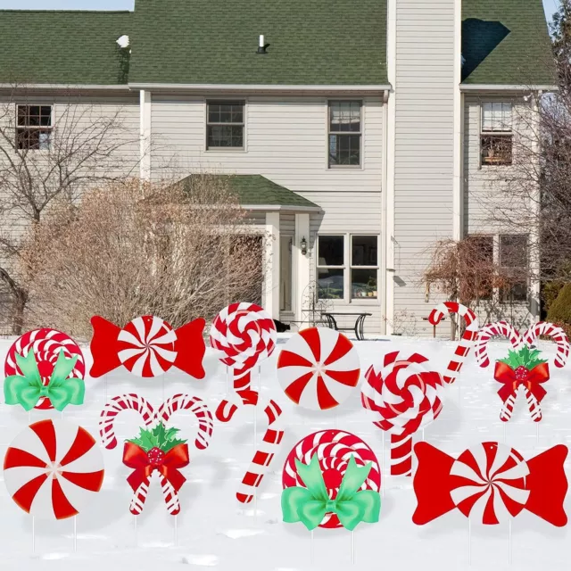 12 Pieces Christmas Peppermint Xmas Yard Stakes Hanging Ornaments - Outdoor