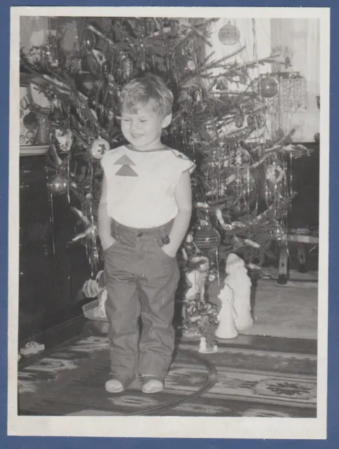Beautiful Boy at the Christmas tree at home. Soviet Vintage Photo USSR