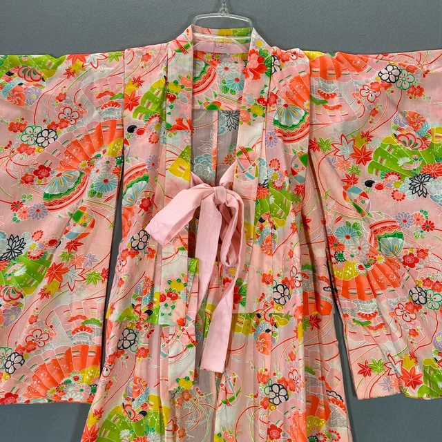 VTG Japanese Kimono 50s 60s Mod Psychedelic Print Tie Front Girls L Womens XS 2