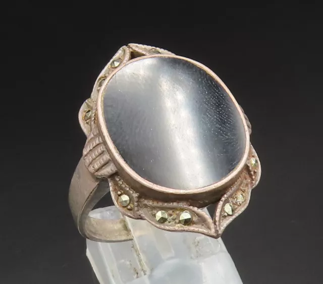 925 Silver - Vintage Inlaid Black Onyx & Marcasite Leaf Ring Sz 10 - RG24946