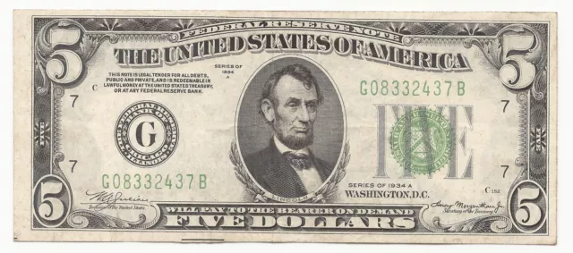 1934-A $5 Dollar Bill Federal Reserve Note FRN Chicago 437B-GCL