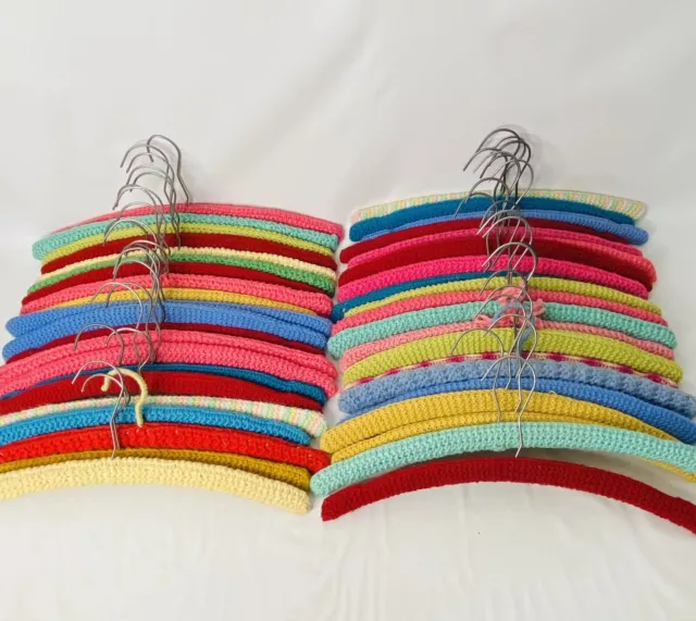 Handmade Colorful Crochet Yarn Covered Solid Wood Hangers Lot 42 Vintage