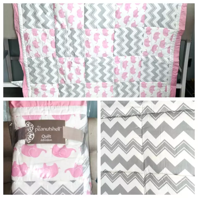 New THE PEANUTSHELL BABY QUILT 37" x 44" PINK GREY ELEPHANTS CRIB BLANKET Girls