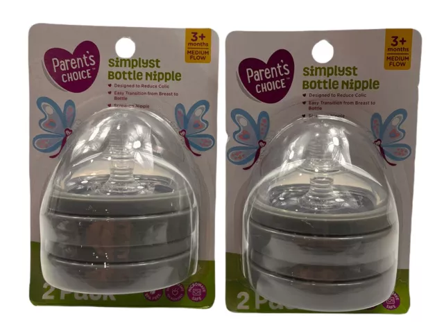 Parent's Choice Simplyst Bottle Nipple 3+Months Medium Flow Lot Of 2