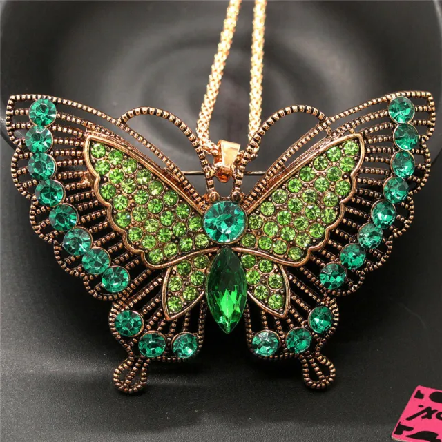 Gifts Betsey Johnson Green Crystal Vintage Butterfly Pendant Chain Necklace