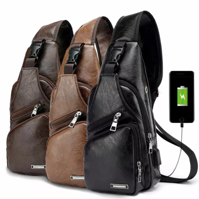 Mens Shoulder Bag Sling Chest Pack USB Charging Sports Crossbody Handbag US