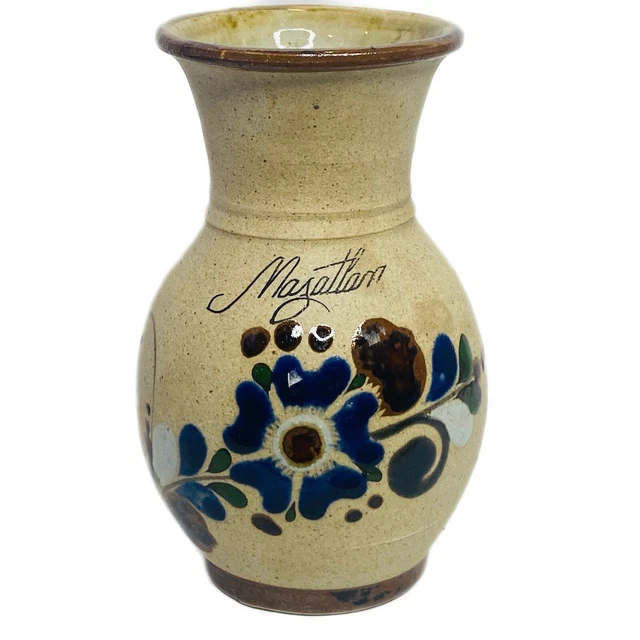 Vintage Mexican Folk Art Vase Tonala Pottery Stoneware Butterfly Signed Sand Art