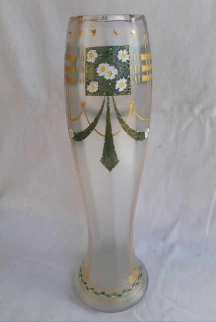 Ancien VASE de mariés en VERRE givré & émaillé Art-Déco guirlande cœurs & fleurs