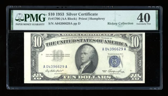 DBR 1953 $10 Silver Fr. 1706 PMG XF-40 Serial A04396629A