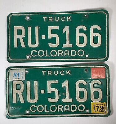Vtg Colorado Matching Truck License Plates Green Pair Metal 1979 70s