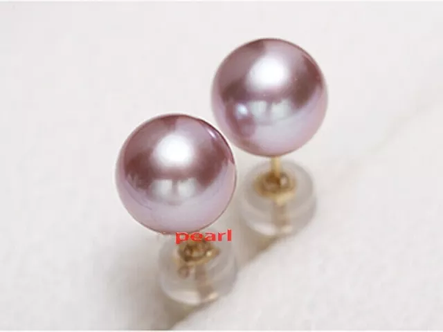 AAAA 8-9MM round real NATURAL SOUTH SEA pink purple pearl stud EARRINGS 18K GOLD