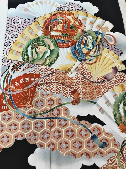 @@Japanese vintage kimono/ tomesode black silk fabric/ fans, bird, gold K95