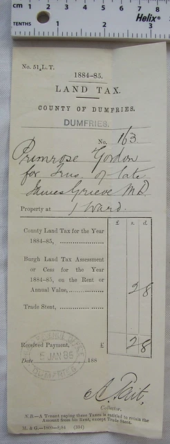 1880 receipt Land Tax, Margaret Stewart, Dumfries