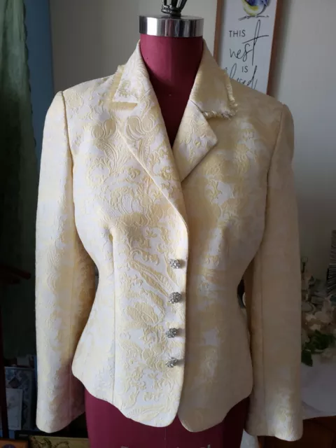 White and Yellow Silk Brocade Jacket Blazer Crystal Buttons 1940s Style Sz 4