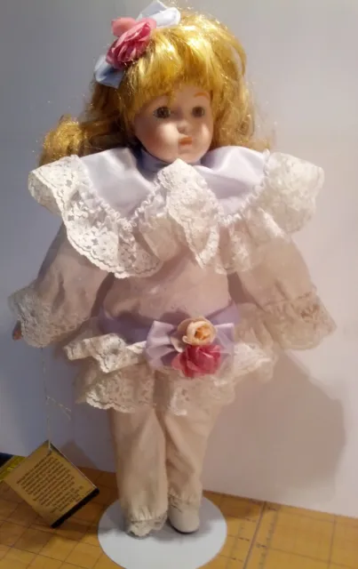 Heritage Mint Collection Porcelain Doll 16" White frills dress with blonde hair
