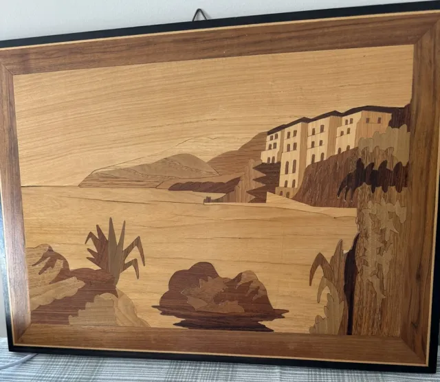 Italian Marquetry Inlaid Wood Picture. Vintage Matte Finish