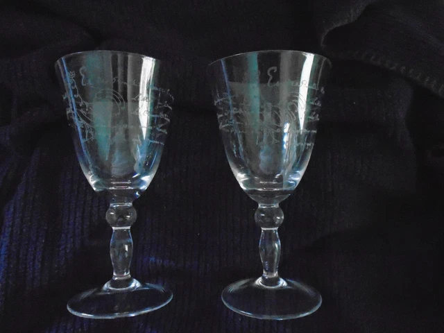 2 Two Rooster Etched Water Goblet Glass French Writing Clear 7 1/2" Tall Poultry