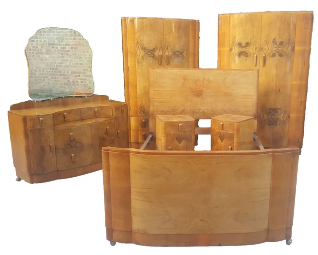 Superb Original Art Deco  Walnut six piece bedroom suite