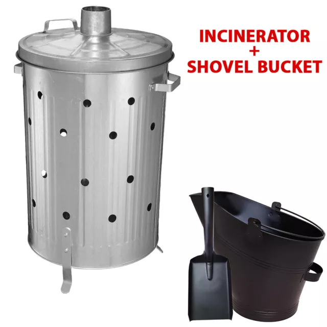 90L Large Galvanised  Garden  Metal Incinerator and shovel Bucket