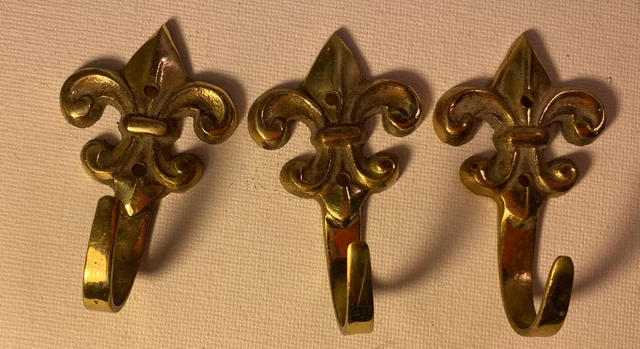 Set Of 3 Brass  Wall Hooks In The Shape Of Fleur-De-Lis. 2 Holes For Screws