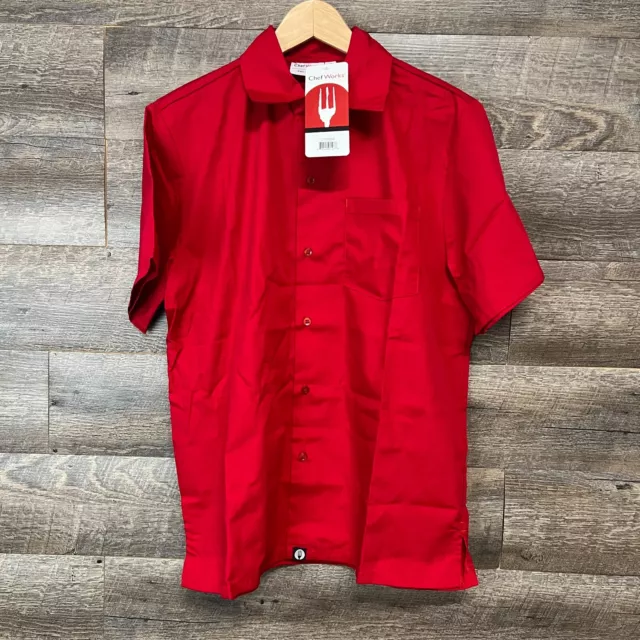 NWT Chef Works Men's C100 Red Cafe Short Sleeve Button Up Shirt Size S