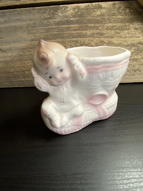 Vintage Rubens Baby Girl Bootie Planter, Ceramic Pink, Nursery, Baby Shower, EUC