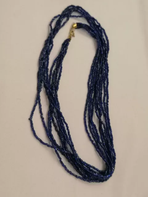 Vintage Blue Glass Seed Bead Multistrand Necklace Retro chic