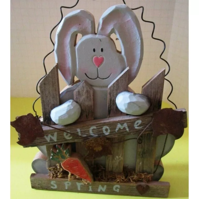 Welcome Spring Painted Wood Bunny Seasonal Wall Hanging Décor Rabbit Easter