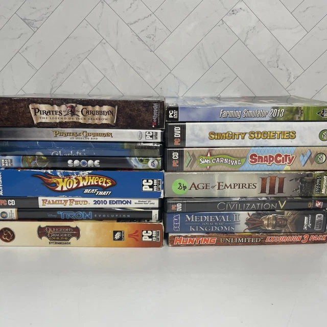 Lot of 15 PC Games - Pirates of the Carribean, Spore, Hot Wheels, Tron AS IS