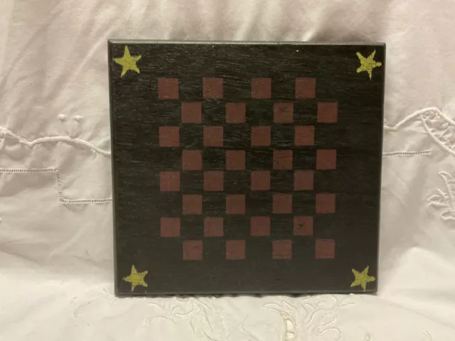 PRIMITIVE FOLK ART CHECKERS BOARD GAME Wood Wall Art BLACK/BROWN/STARS