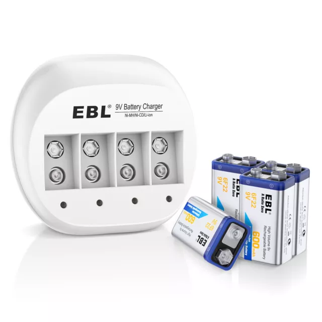 EBL 9v Battery USB Rechargeable Lithium 6f22 PP3 Block 9volt Li-ion  & charger