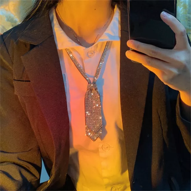 Women Short Double-layer Necktie Tie Rhinestone Crystal Necklace Preppy Clubwear