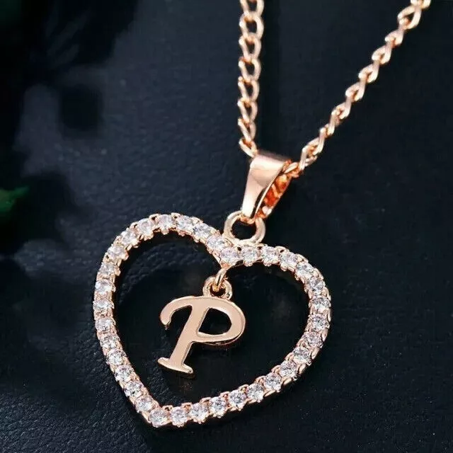 1Ct Round Cut Real Moissanite "P" Letter Love Heart Pendant 14k Rose Gold Plated