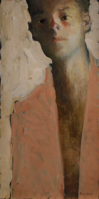 Young Man in a Jacket-Modern-LARGE 36x18" Original Oil Painting Pojani ipalbus