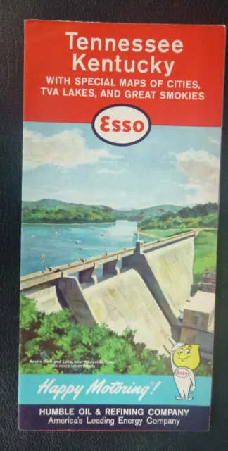 1961 Tennessee Kentucky road map Esso oil gas North Dam Knoxville TVA Lakes
