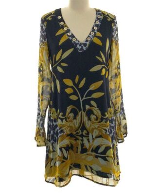MSRP $178 Guess Black & Yellow Abstract Leaves V-Neck Dress Size XS NWOT