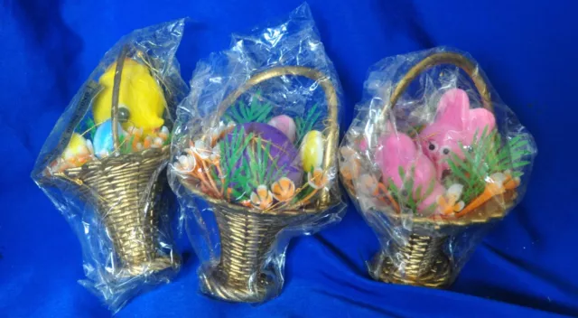 3 Cestas Adornadas De Colección Molde Soplado De Lote Antiguo Plástico De Los Años 70 Pascua O Navidad Pollito, Conejito, Huevo