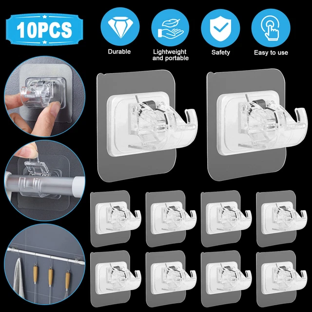 10PCS Nail Free Adjustable Curtain Rod Clip Brackets Self Adhesive Holder Hooks