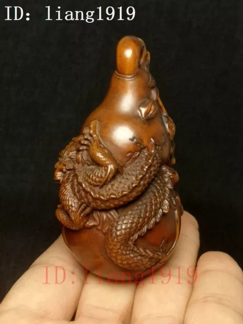 Old Chinese Boxwood hand carved dragon loong Lagenaria gourd netsuke pendan Gift 2