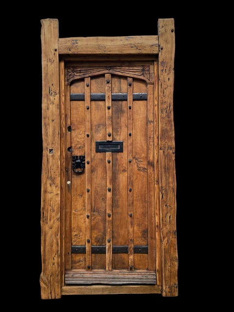 Rare Solid Elm Oak Medieval Door + Frame Wood Reclaimed Antique Iron Barn Conv