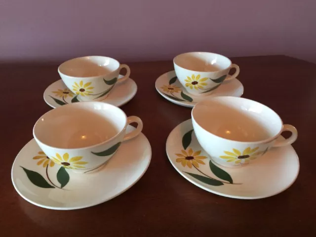 Vintage Sky Line Canonsburg Pottery Yellow Daisies Set Of 4 Cups & Saucers Rare