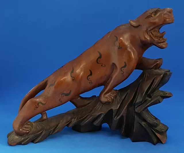 Chinese carved wood vintage Victorian oriental antique figurine of a panther