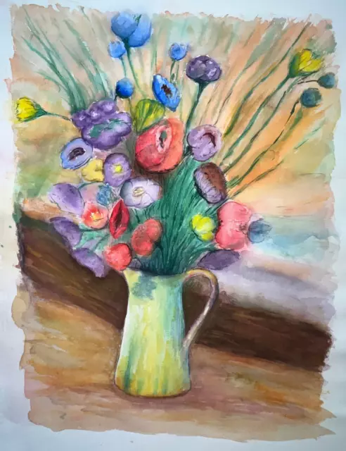 BOUQUET FLEURS Vase AQUARELLE Peinture XX°