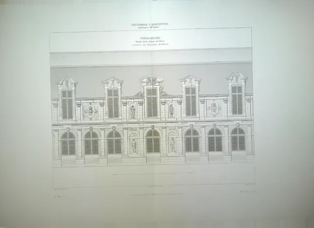 Ancienne Gravure d'Architecture - Fontainebleau, façade de la galerie de Diane