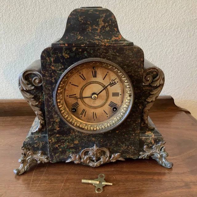 Works! Vintage Antique SETH THOMAS ADAMANTINE Brass Feet Scroll Mantle Clock